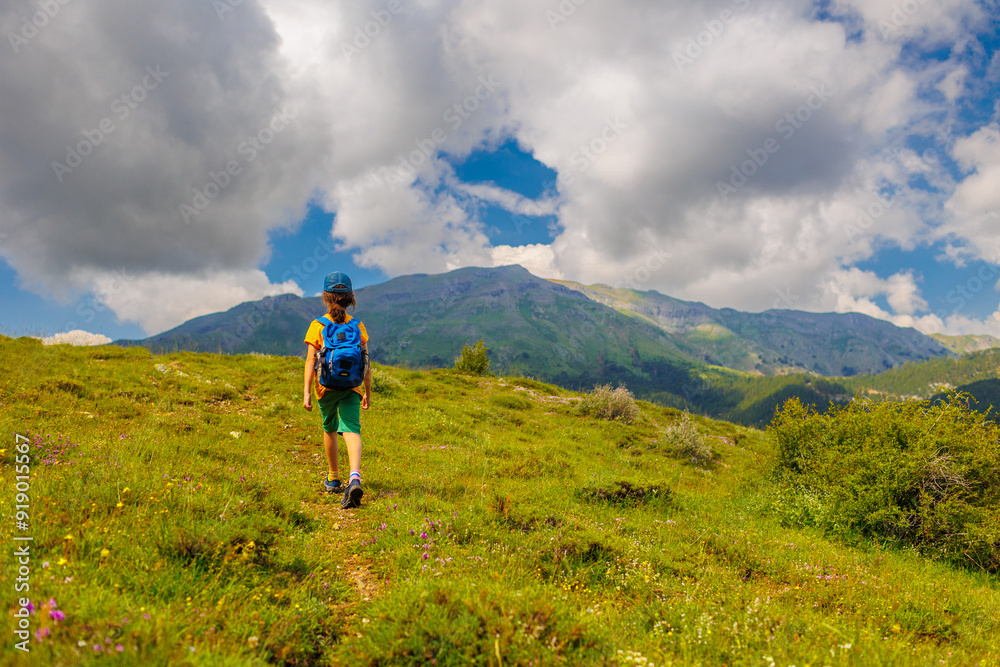 Obraz premium hiking in the mountains. A little boy with a backpack walks along a path against a background of mountains and clouds. Active healthy lifestyle on weekend hike journey.