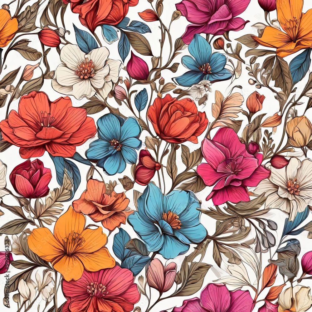 Seamless vector floral pattern with blooming flowers, perfect for spring wallpaper design Seamless vector floral pattern with blooming flowers, perfect for spring wallpaper design
