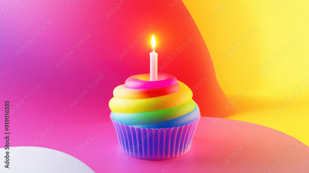 A colorful rainbow cupcake with a single lit candle sits on a vivid, abstract background combining pink, yellow, and other bright hues, celebrating joyous moments. A colorful rainbow cupcake with a single lit candle sits on a vivid, abstract background combining pink, yellow, and other bright hues, celebrating joyous moments.