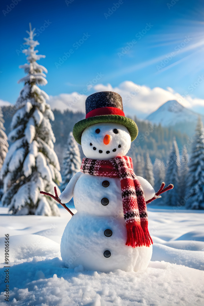 Fototapeta premium happy snowman standing in winter Christmas landscape
