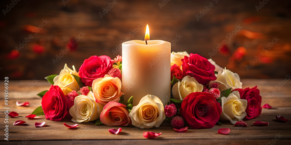 pale red roses a lit white candle with several pale red roses a lit white candle with several