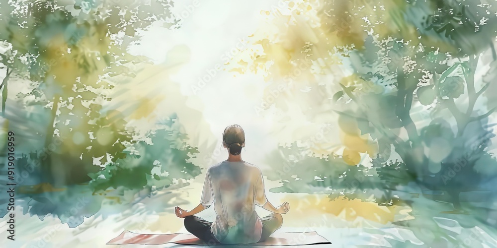 Woman meditating in nature with trees. Woman meditating in nature with trees.