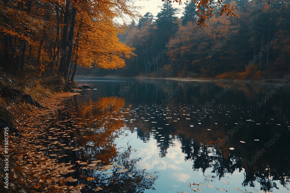 Obraz premium Vibrant autumn hues mirror in calm water, a serene nature landscape