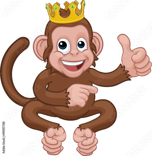 A monkey king cute happy cartoon character animal wearing a crown giving a thumbs up and pointing