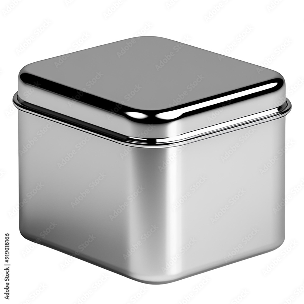 A sleek stainless steel container with a square shape, perfect for storing various items securely and stylishly. PNG file
