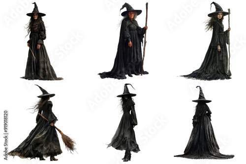 Six Witches in Black Dresses and Pointed Hats