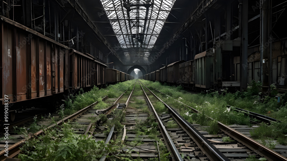 Obraz premium An abandoned rail yard with tracks, railcars, and weeds