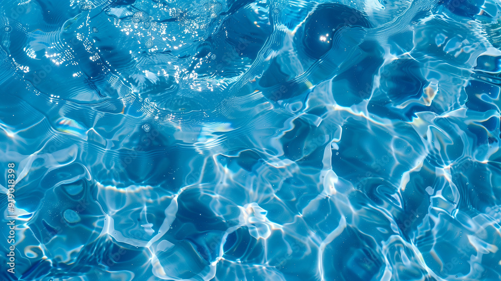 Obraz premium Transparent clean blue water. Water surface, waves, sea or pool. Sun glare. Blue background, texture. 