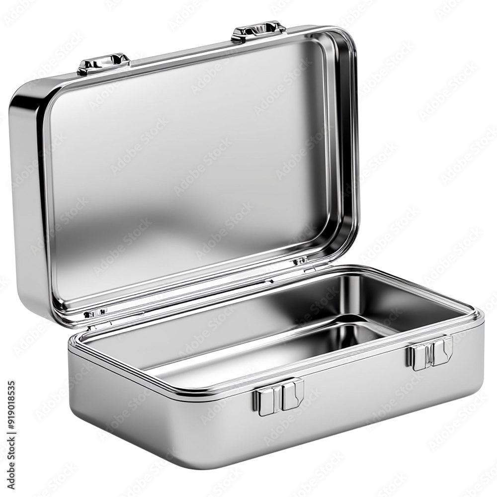 Sleek stainless steel lunchbox with an open lid for easy access and organization of meal contents. PNG file Sleek stainless steel lunchbox with an open lid for easy access and organization of meal contents. PNG file