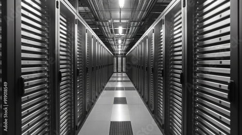 A long corridor lined with server racks showcases a high-tech data center's organized infrastructure, illuminated by bright overhead lighting