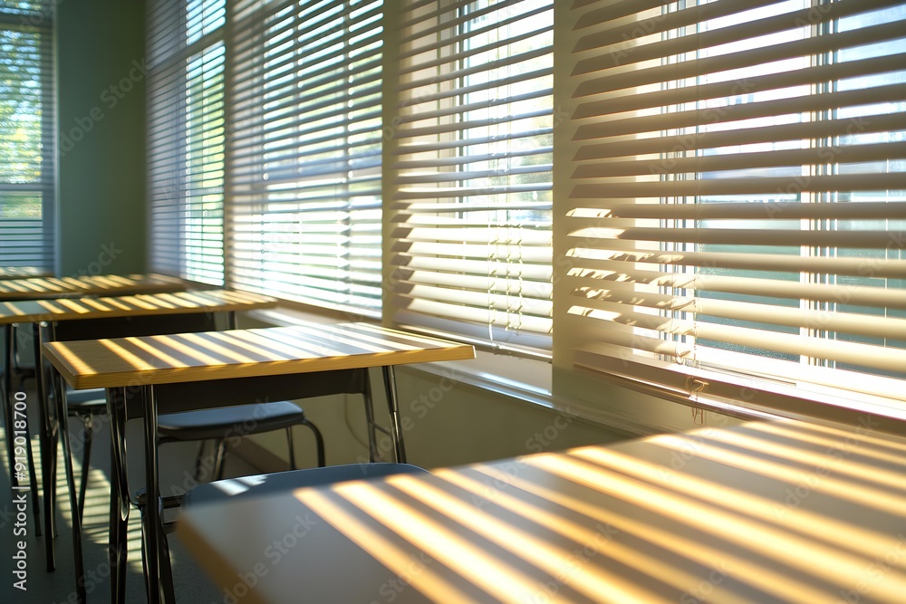 Obraz premium Sunlight streaming through window blinds in empty classroom, casting patterned shadows on desks. Bright and serene atmosphere highlighting calm and peaceful learning environment