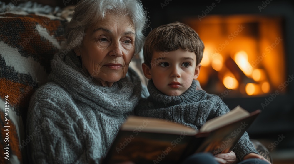 Grandmother and grandson share a quiet moment reading beside a warm fireplace Grandmother and grandson share a quiet moment reading beside a warm fireplace