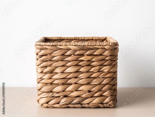 Intricately woven square basket made of natural water hyacinth, perfectly sized for organizing magazines, with a rustic and eco-friendly appeal photo