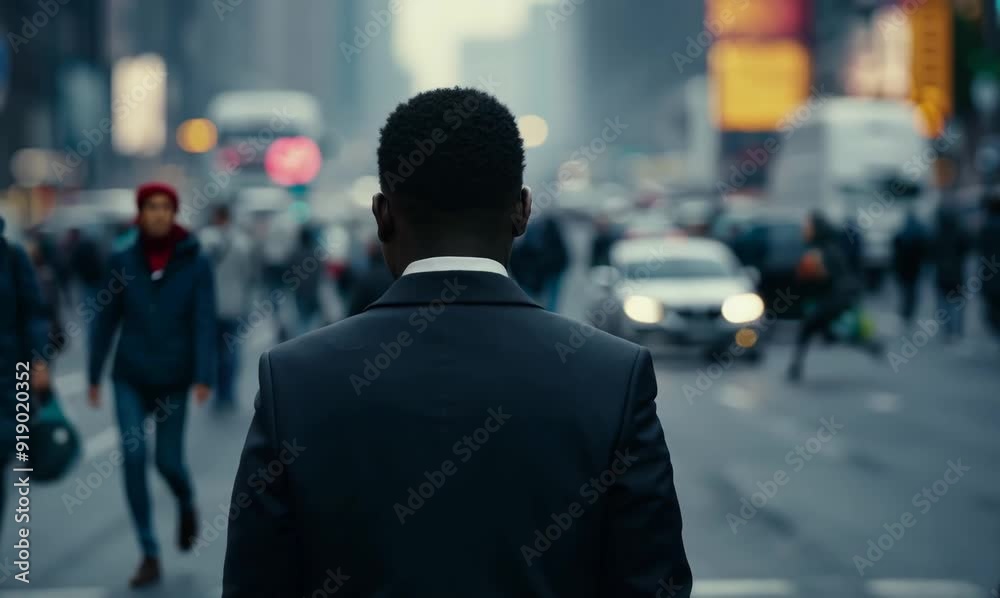 Rear view of a black businessman looking at the camera in an urban context Rear view of a black businessman looking at the camera in an urban context