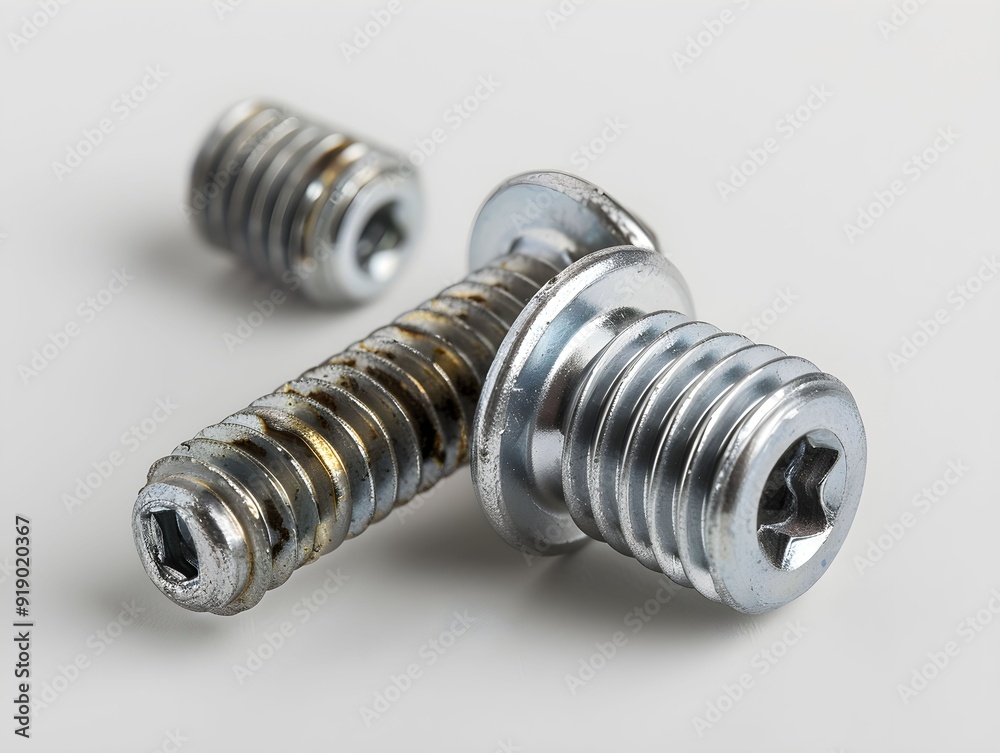 Close-up of three variously sized metal screws on a neutral background Close-up of three variously sized metal screws on a neutral background