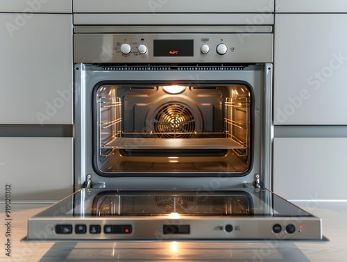 Modern built-in oven with an open door and interior light in a contemporary kitchen setting