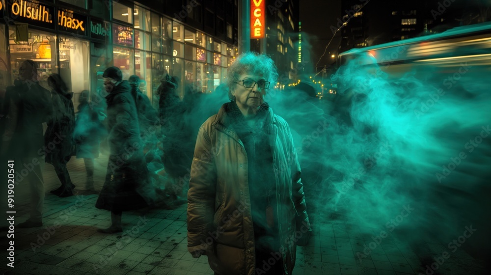 A woman in a brown jacket walks through a street in a city at night, surrounded by green smoke. Other people are walking around her, obscured by the smoke A woman in a brown jacket walks through a street in a city at night, surrounded by green smoke. Other people are walking around her, obscured by the smoke