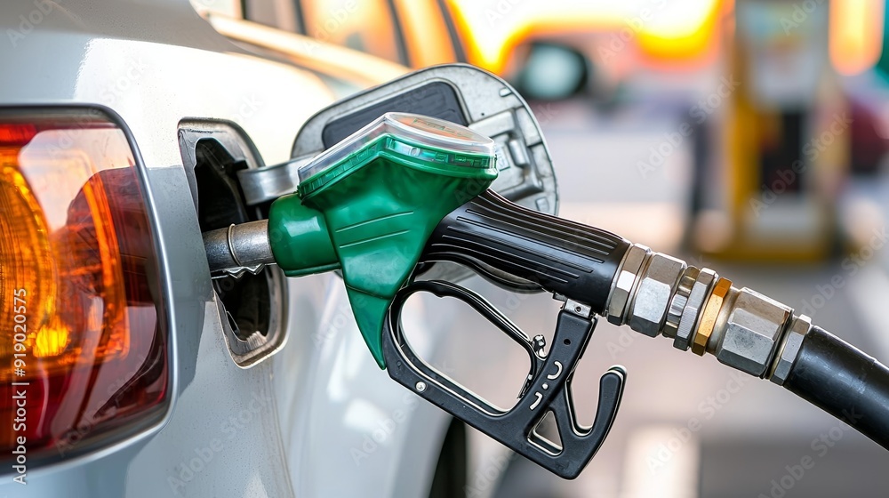 Fototapeta premium Refueling a vehicle at a gas station, close-up of the fuel nozzle with vibrant sunset colors in the background