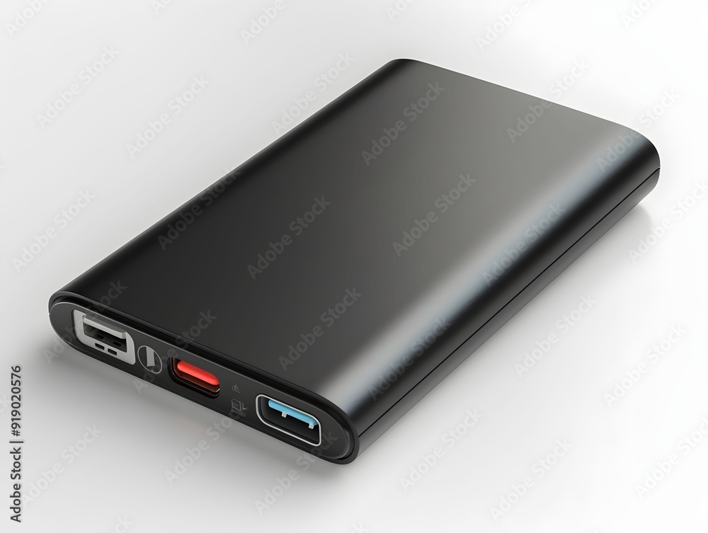 Portable power bank charging multiple devices at a home workspace during the day Portable power bank charging multiple devices at a home workspace during the day