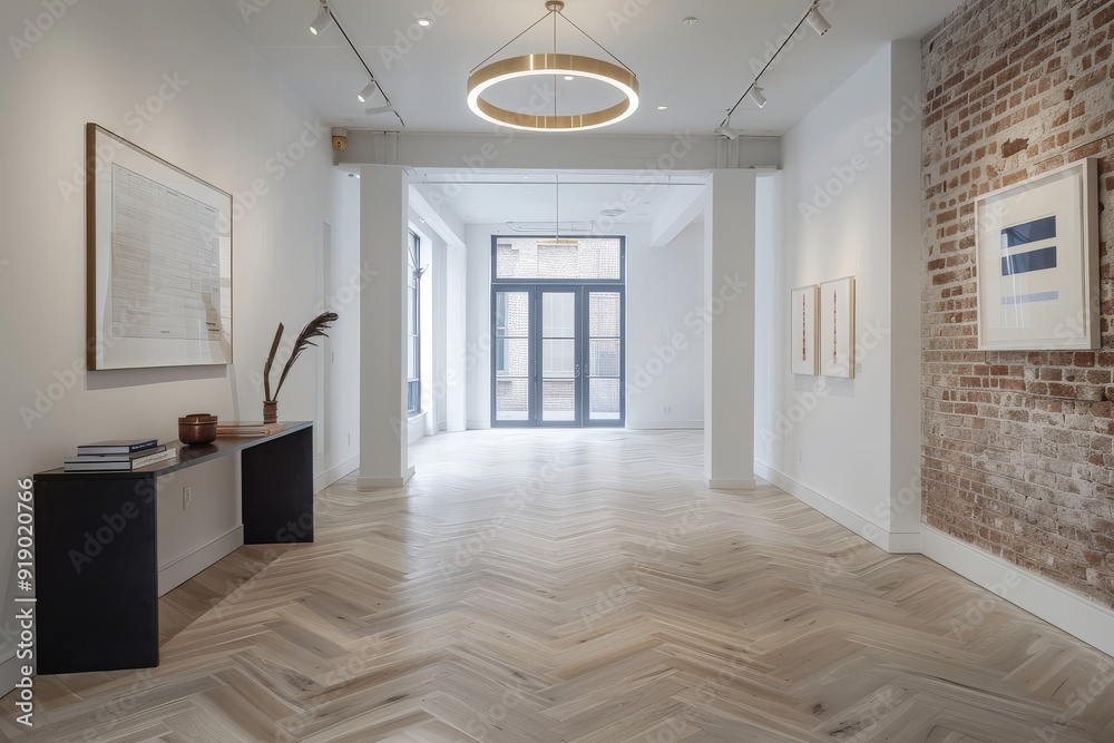 Obraz premium Modern Minimalist Entryway with Herringbone Flooring, Brass Chandelier, and Natural Light