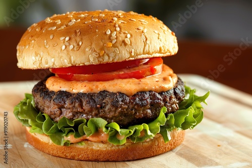 Juicy burger with lettuce, tomato, and sauce on wooden board