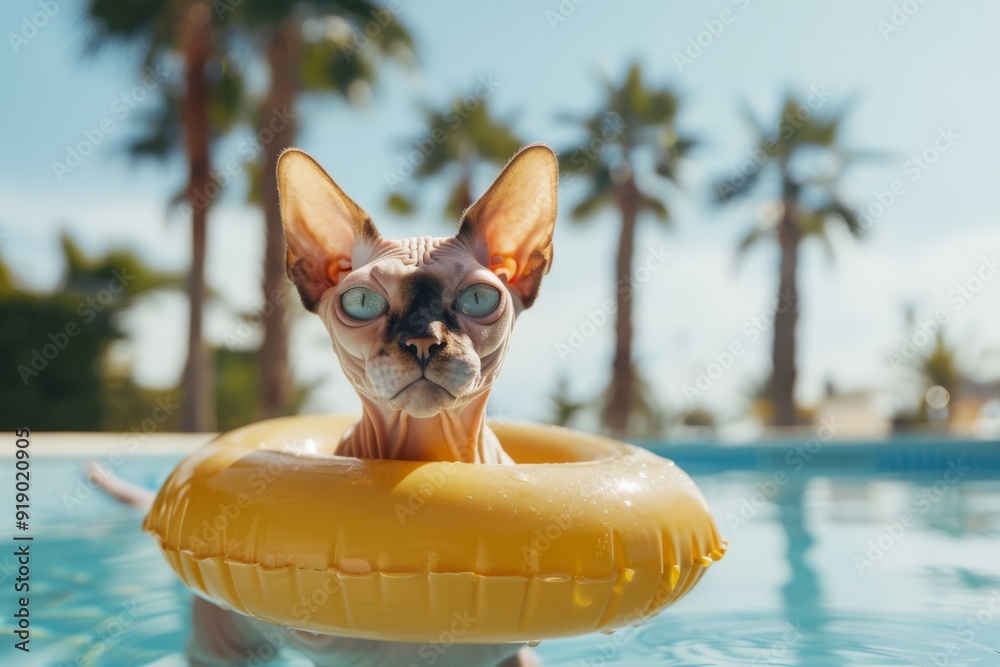 Fotografie Sphynx cat with yellow pool ring in water