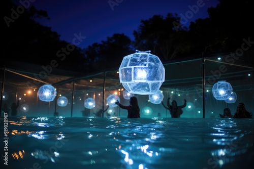 Aquatic Volleyball: Freeze a moment of a competitive water volleyball game with lights reflecting in the water. photo