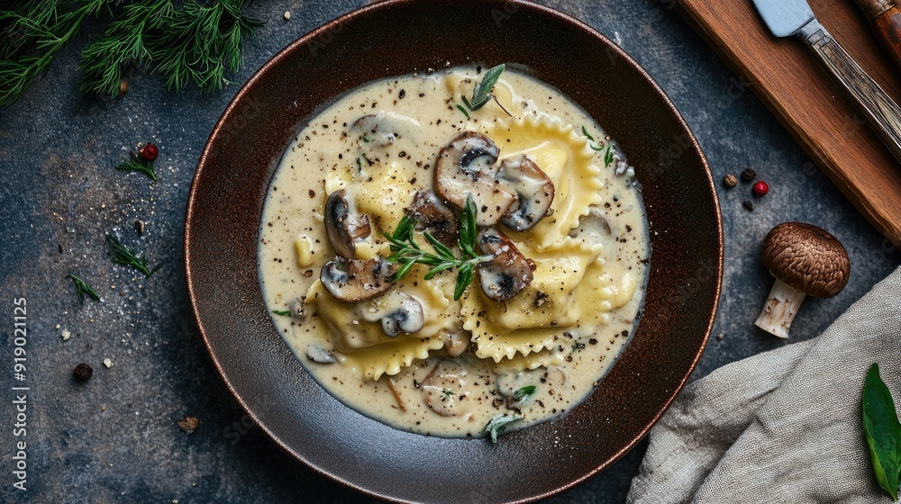 A cozy winter plate of Italian ravioli with mushroom creamy sauce, sprinkled with herbs and ground pepper, highlighting the comfort and richness of seasonal cuisine. A cozy winter plate of Italian ravioli with mushroom creamy sauce, sprinkled with herbs and ground pepper, highlighting the comfort and richness of seasonal cuisine.