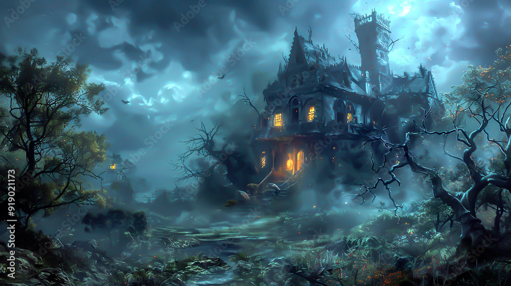 A haunted house under a dark, moonlit sky, with eerie shadows and glowing windows, surrounded by twisted trees and mist A haunted house under a dark, moonlit sky, with eerie shadows and glowing windows, surrounded by twisted trees and mist