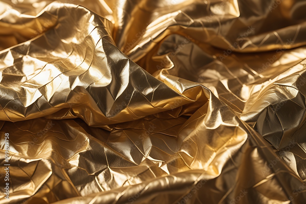 Luxurious gold foil background with crinkled texture and warm light reflections, captured in high-definition for a rich, shimmering effect Luxurious gold foil background with crinkled texture and warm light reflections, captured in high-definition for a rich, shimmering effect