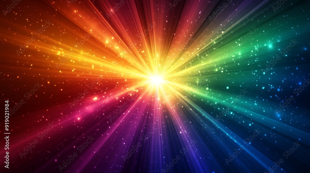 A vibrant rainbow burst of light with glittering particles A vibrant rainbow burst of light with glittering particles