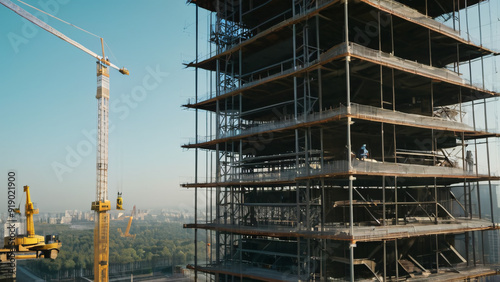 Towering cranes dominate urban skyline as steel and concrete framework rises, shaping the city's future