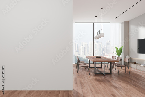 Home kitchen interior with eating table and tv display  window. Mockup wall