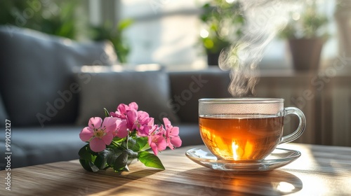 Steaming Cup of Tea with Pink Flowers on Wooden Table