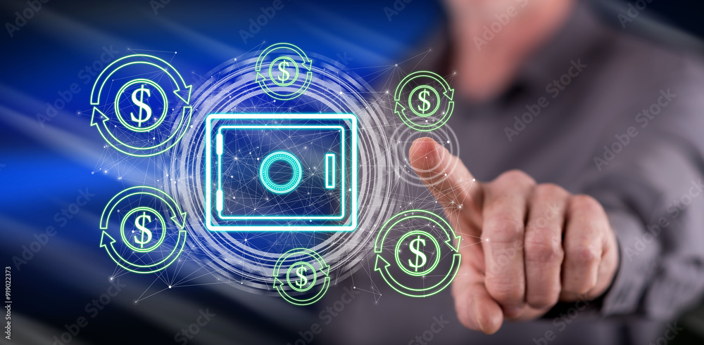 Man touching a secure money transfer concept Man touching a secure money transfer concept