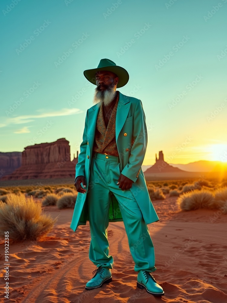 A high-fashion photo featuring an old bearded male model in orange outfit avant-garde futuristic design. Sunset Desert landscape as a background.