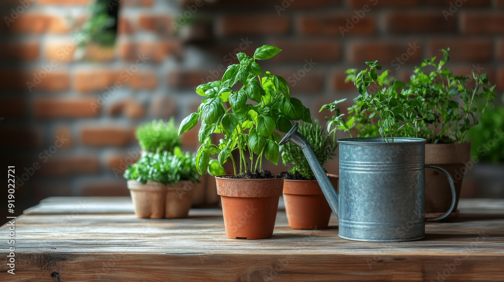 Small, juicy plants in pots and a watering can on a wooden table, a perfect setting for home gardening. Small, juicy plants in pots and a watering can on a wooden table, a perfect setting for home gardening.