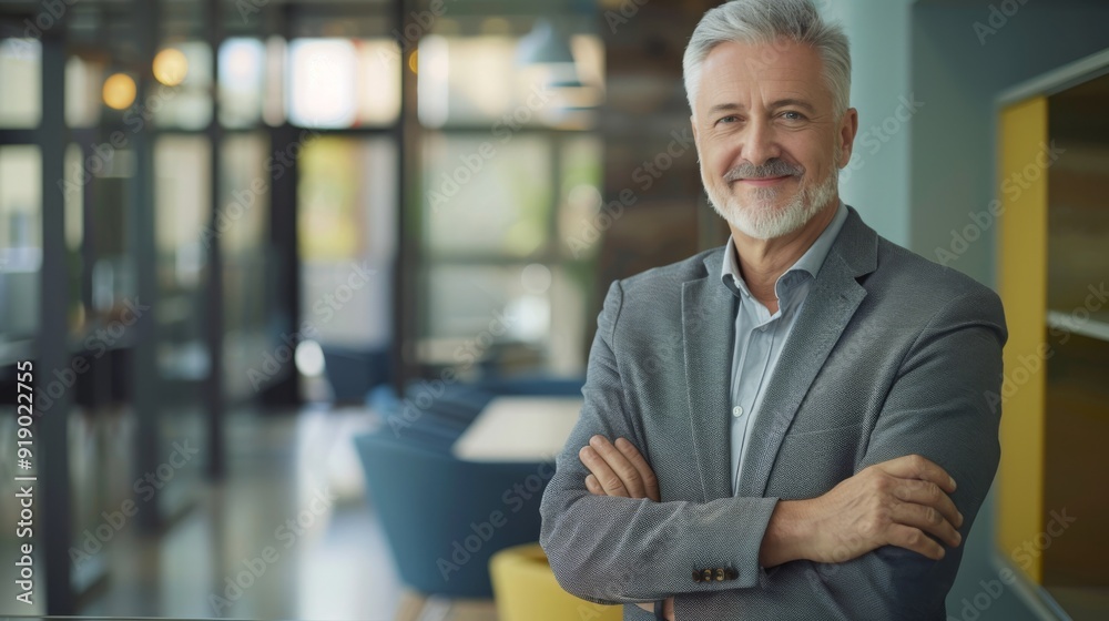 Fototapeta premium Smiling handsome businessman with crossed arms in modern office, middle-aged gray-haired man exuding confidence, business success concept.
