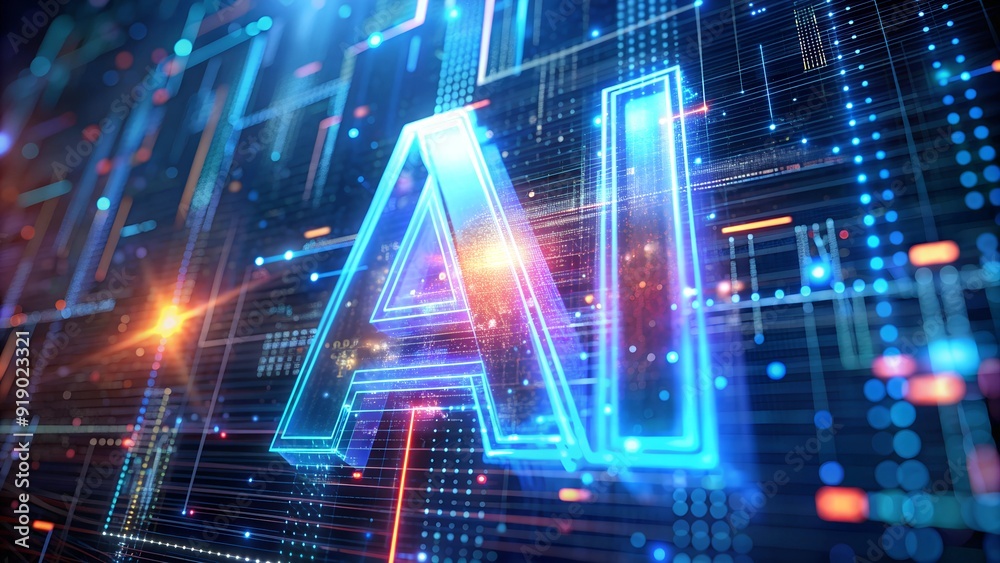 Fototapeta premium Vibrant 3D depiction of 'AI' letters illuminated in blue neon with a digital circuit background, symbolizing the integration of artificial intelligence and technology.
