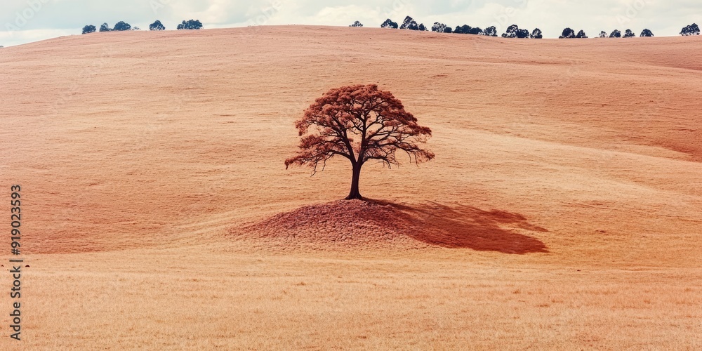 Obraz premium Solitary Tree in a Vast Golden Field – Tranquil and Idyllic Landscape Photography