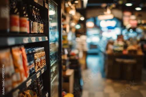 Close-up of a Grocery Store Shelf with Snacks and Drinks