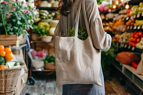 woman shopping and carrying an eco bag in supermarket.