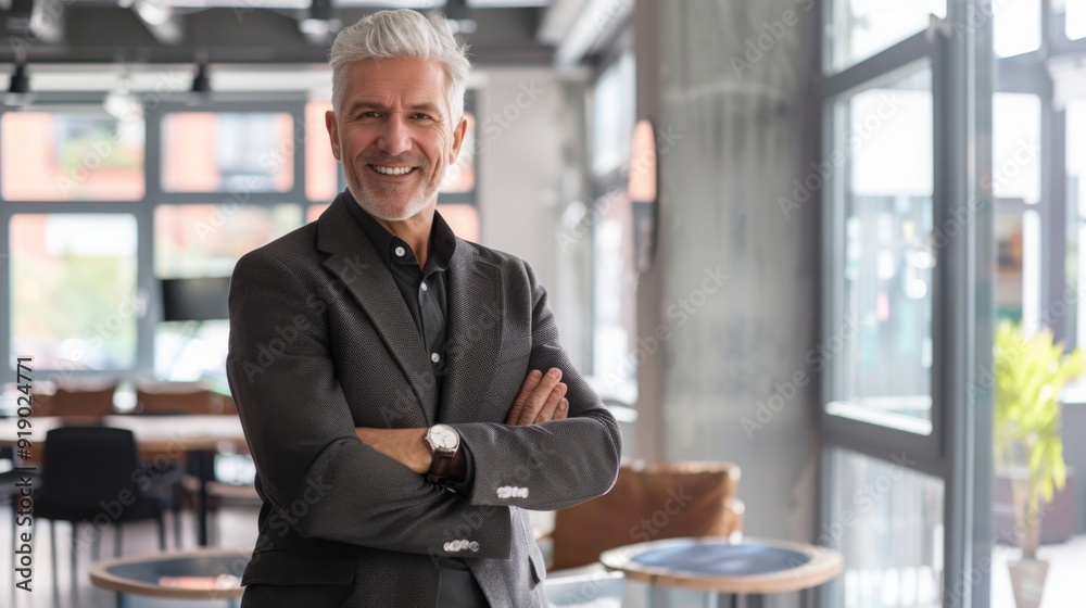 Smiling handsome businessman with crossed arms in modern office, middle-aged gray-haired man exuding confidence, business success concept. Smiling handsome businessman with crossed arms in modern office, middle-aged gray-haired man exuding confidence, business success concept.
