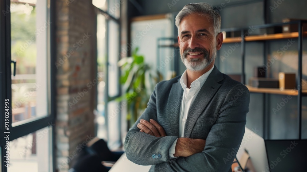 Smiling handsome businessman with crossed arms in modern office, middle-aged gray-haired man exuding confidence, business success concept. Smiling handsome businessman with crossed arms in modern office, middle-aged gray-haired man exuding confidence, business success concept.