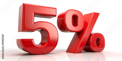 Red 5 percent isolated on white background. Discount fifty percent. 3d render.