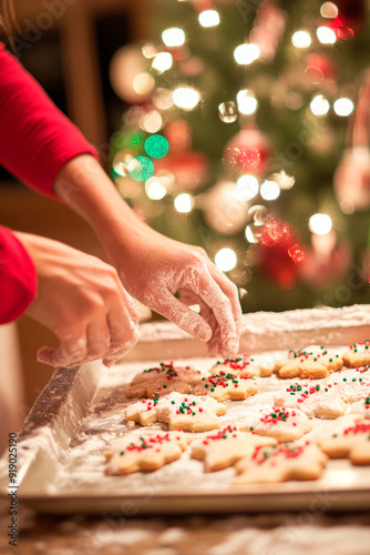 Hands decorating Christmas cookies in a festive kitchen