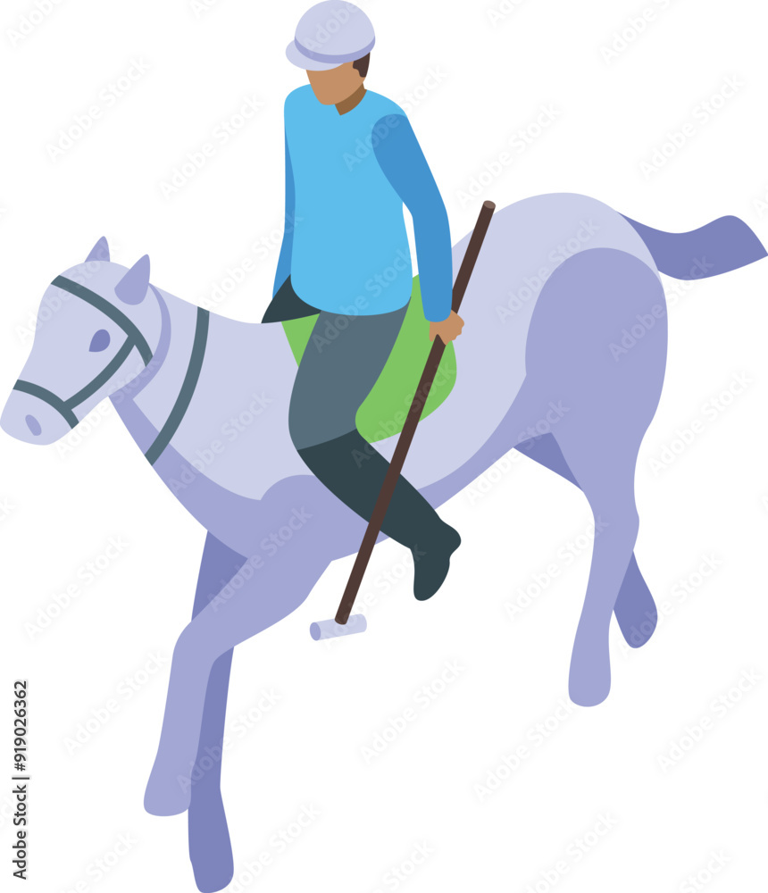 Professional polo player is riding a horse and holding a mallet during a game Professional polo player is riding a horse and holding a mallet during a game