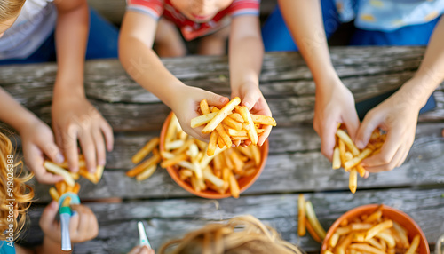 Family sitting around the table eating French fries