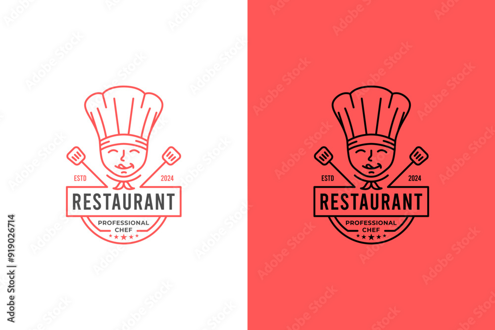 delicious food with professional chef logo badge line style design for restaurant, cafes and catering vector logo template delicious food with professional chef logo badge line style design for restaurant, cafes and catering vector logo template