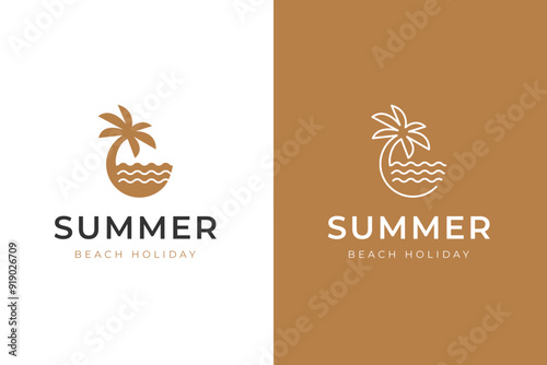 beach palm logo tree logo design in sea concept idea for summer symbol vector illustration